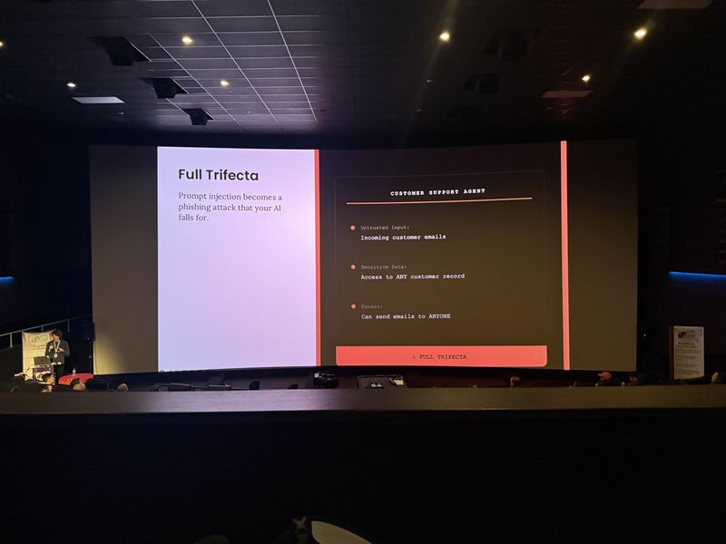 Slide: Full Trifecta shows a customer support agent example where untrusted input, access to any customer record, and email egress combine for maximum risk