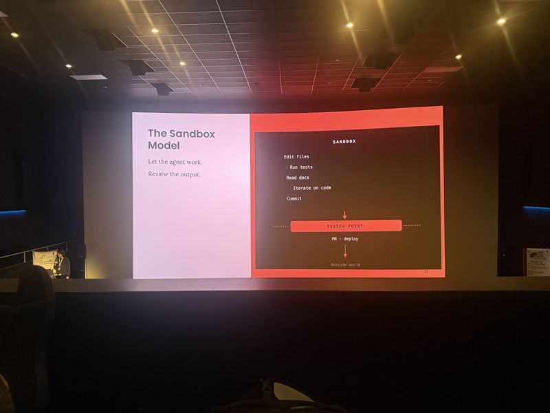 Slide: The Sandbox Model diagram shows the agent working inside a sandbox up to a review point before any PR or deploy reaches the outside world