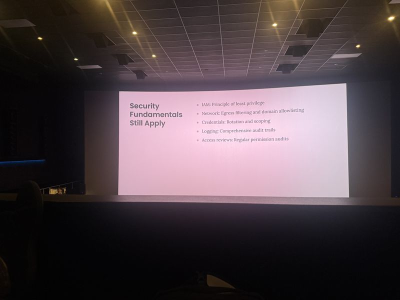 Slide: Security Fundamentals Still Apply lists IAM least privilege, egress filtering, credential rotation, audit logging, and regular access reviews