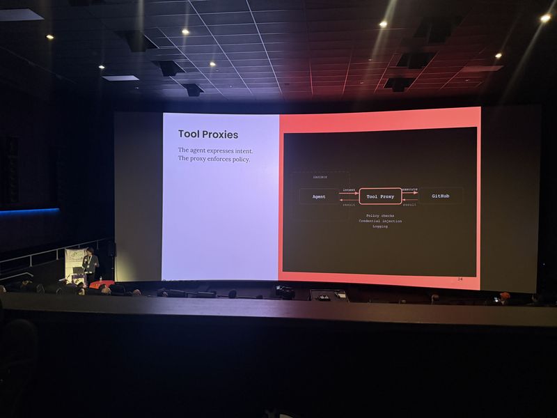 Slide: Tool Proxies diagram shows an agent sending intent to a proxy that enforces policy, injects credentials, and logs before calling GitHub