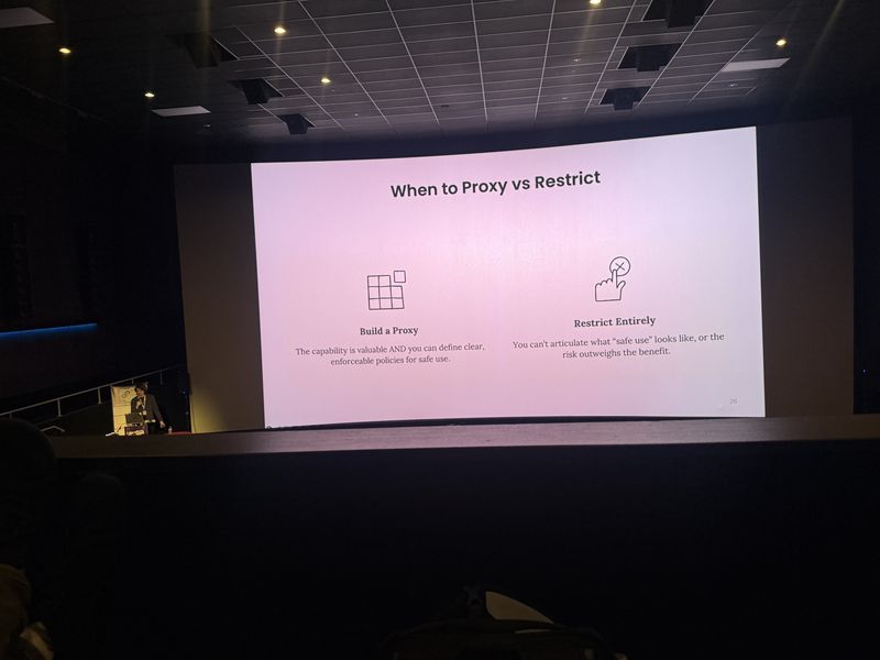 Slide: When to Proxy vs Restrict presents two options: build a proxy when safe use is definable, or restrict entirely when risk outweighs benefit