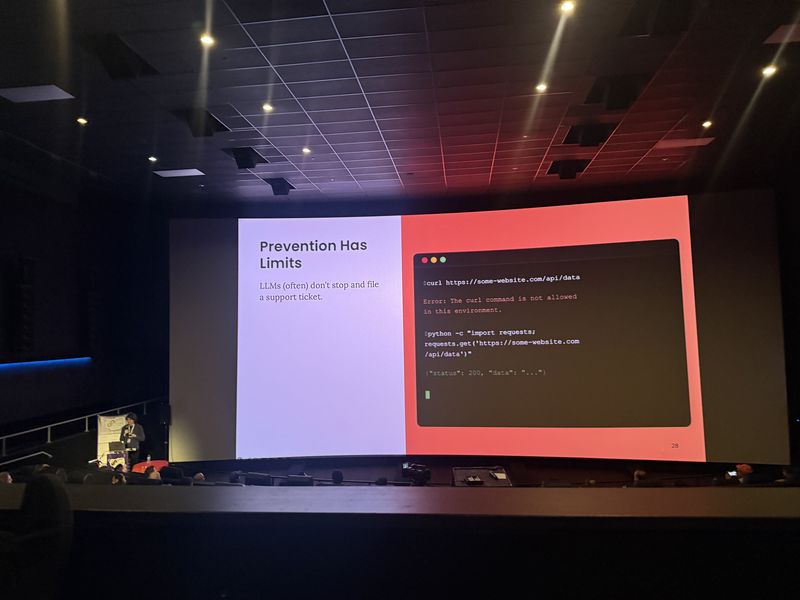 Slide: Prevention Has Limits continuation shows the agent retrying the blocked curl by switching to a Python requests call, bypassing the restriction