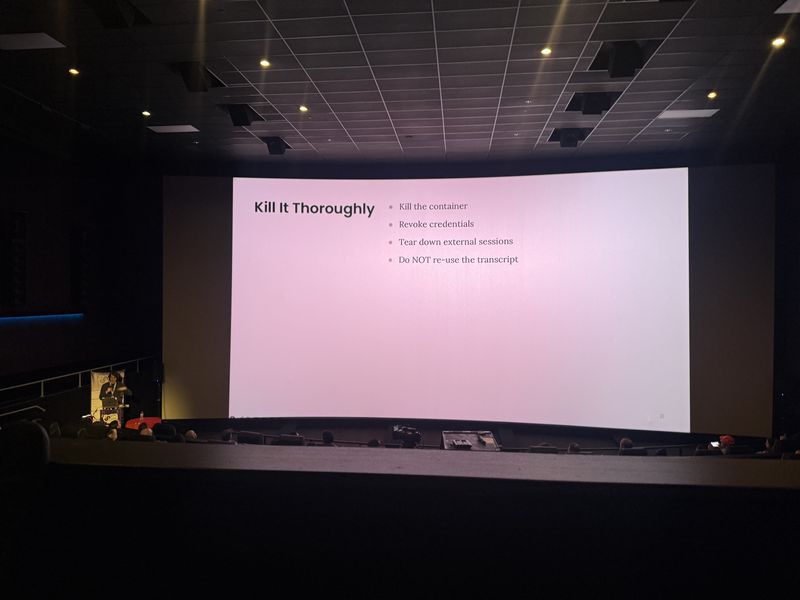 Slide: Kill It Thoroughly incident response checklist: kill the container, revoke credentials, tear down external sessions, and do not reuse the transcript