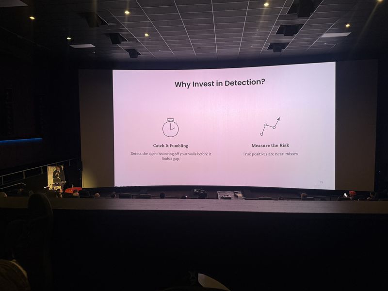 Slide: Why Invest in Detection argues for catching agents fumbling before they find a gap and using true positives as near-miss risk measurements