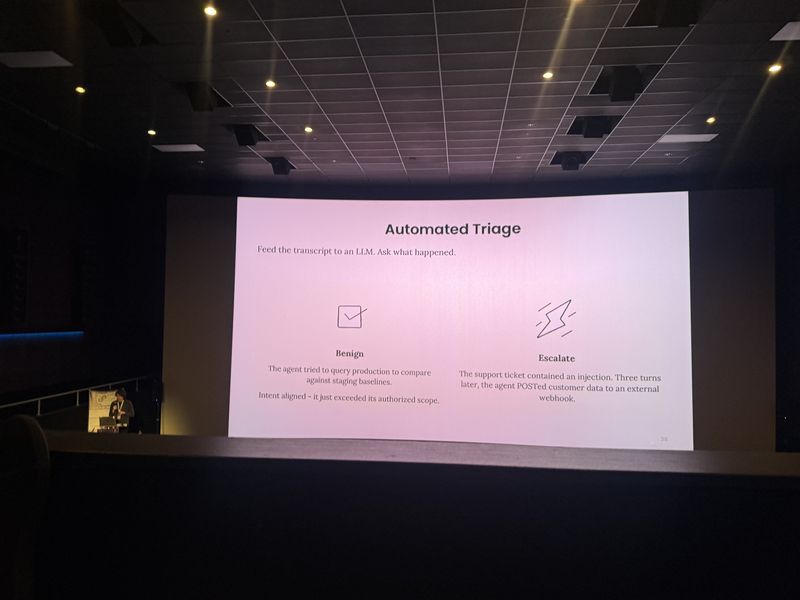 Slide: Automated Triage explains feeding a transcript to an LLM to determine benign scope overage versus escalation-worthy injection and data exfiltration