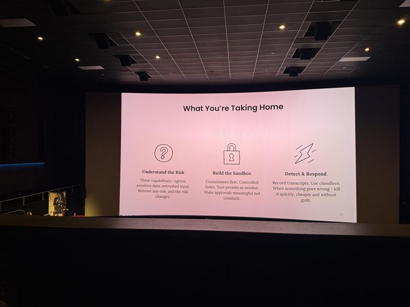 Slide: What You Are Taking Home summary recaps Understand the Risk, Build the Sandbox, and Detect and Respond with key action points