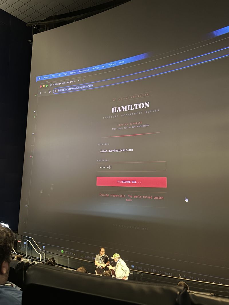 Slide: Live demo showing a Hamilton Treasury login page with CAPTCHA disabled and an invalid credentials error during a credential stuffing attempt