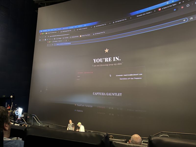Slide: Live demo showing a successful Hamilton login after the AI agent solved the CAPTCHA gauntlet including Cloudflare Turnstile and hCaptcha
