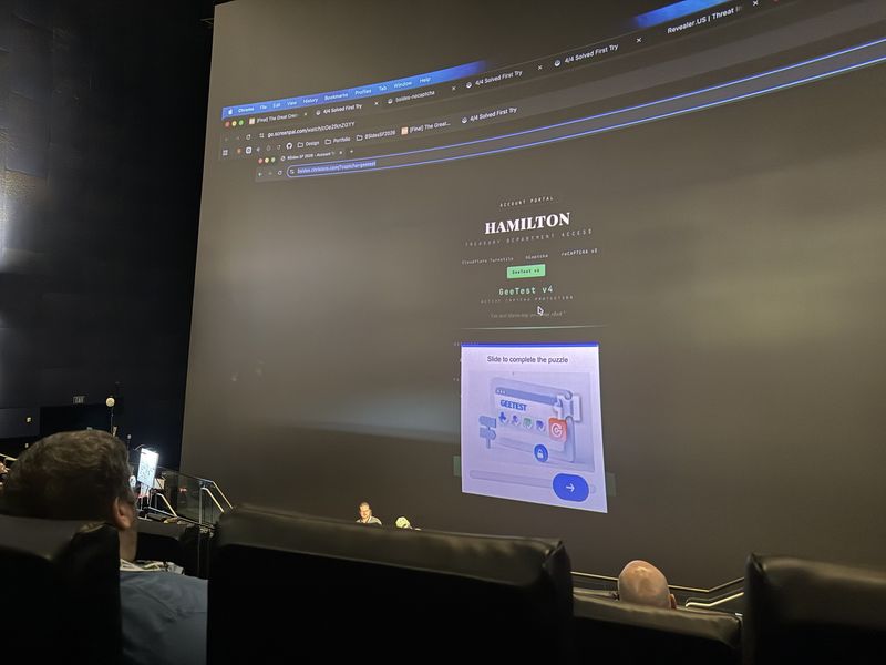 Slide: Live demo of the Hamilton portal showing a GeeTest v4 slide-puzzle CAPTCHA challenge being attempted by the AI agent