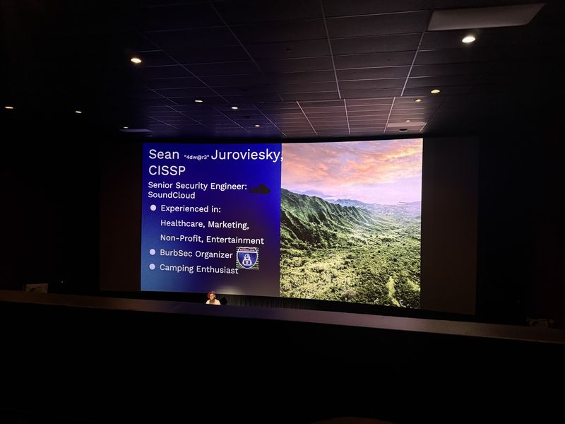Slide: Speaker bio for Sean Juroviesky, CISSP, Senior Security Engineer at SoundCloud, BurbSec Organizer, and Camping Enthusiast